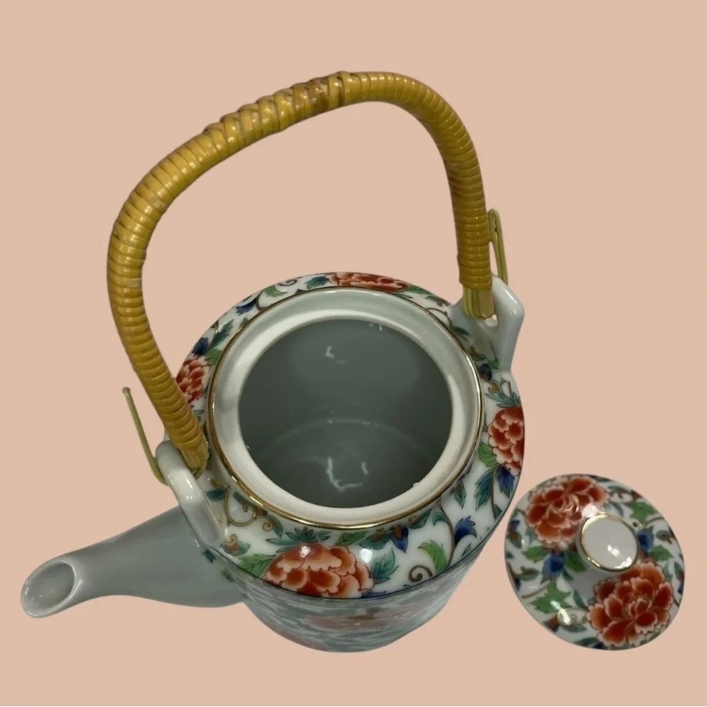 Vintage Takahashi Style Japanese Porcelain Teapot Bamboo Handle Peony Sakura